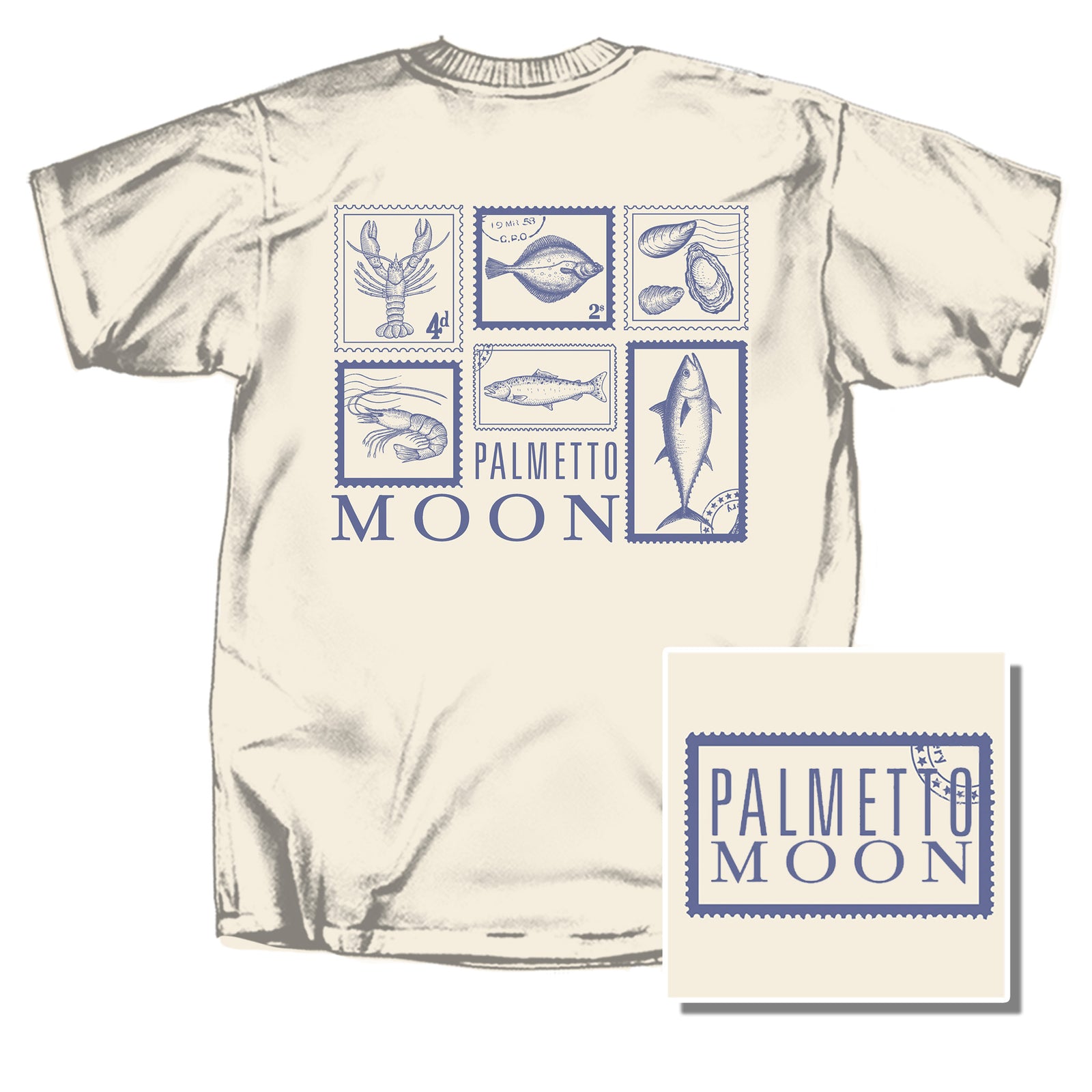Beige t-shirt with blue graphic design and 'Palmetto Moon' text on a white background