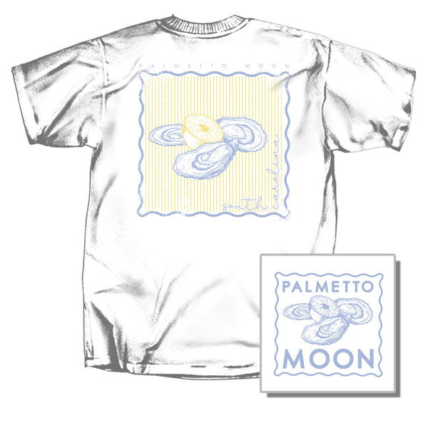 White t-shirt with 'Palmetto Moon' graphic design on a white background