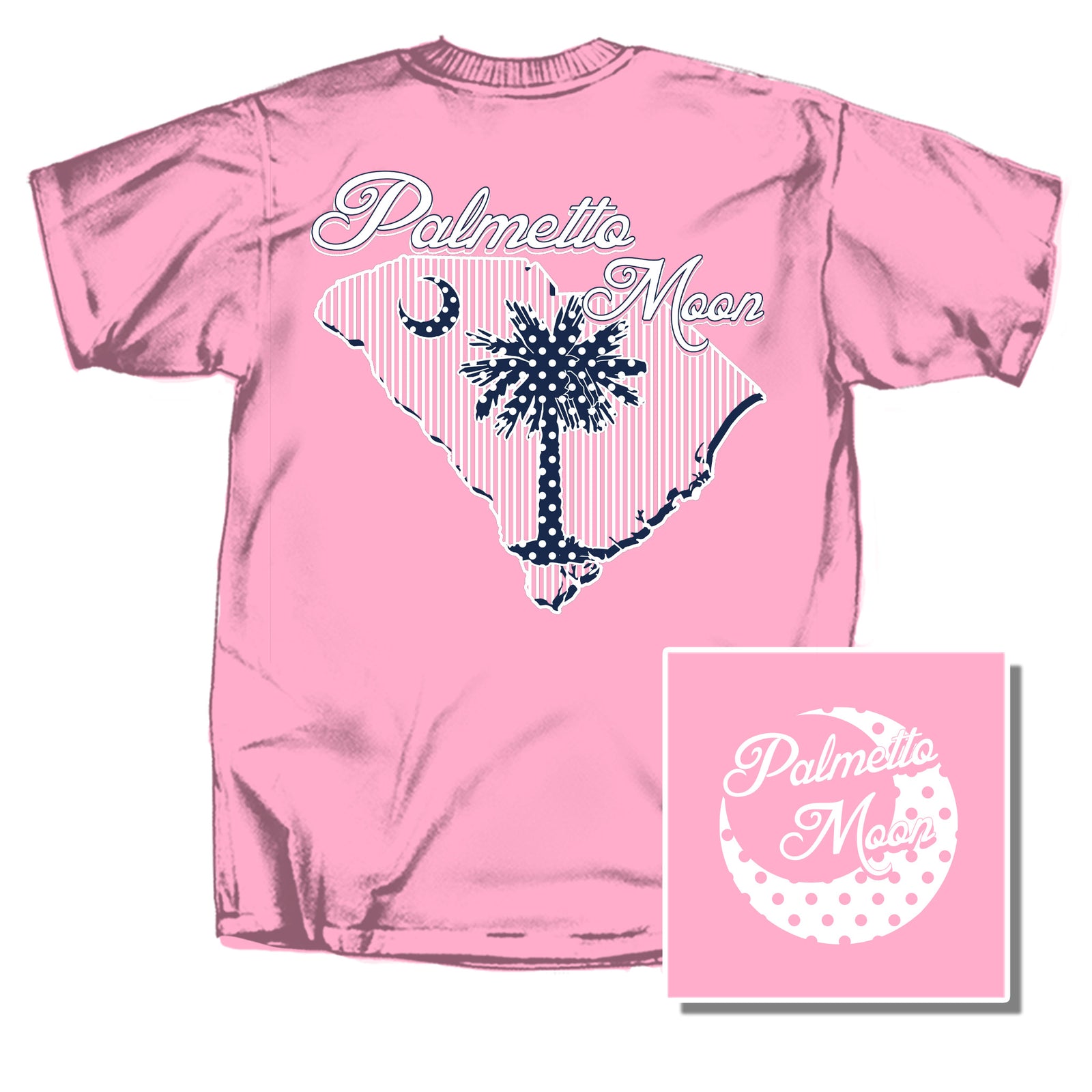 Pink t-shirt with 'Palmetto Moon' design on a white background