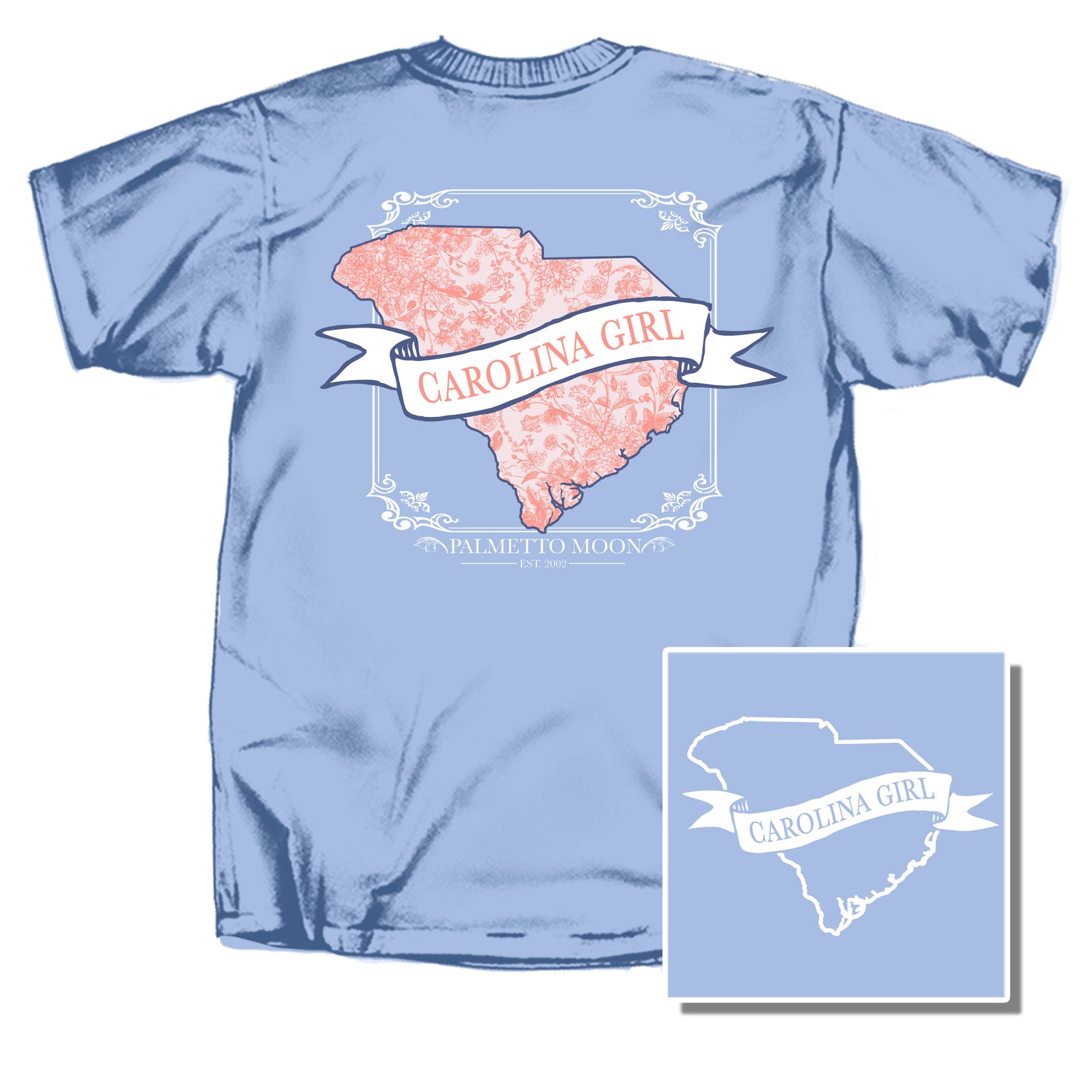 Light blue t-shirt with a pink map of South Carolina and 'Carolina Girl' text on a white background.