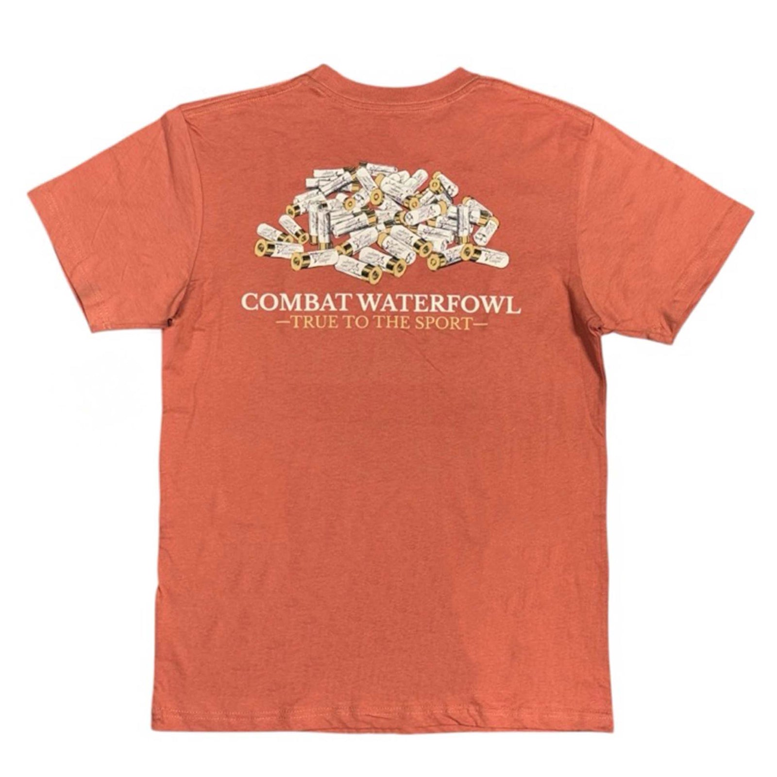 Rust orange Combat Waterfowl t-shirt with illustrated pile of shotgun shells and “True to the Sport” text on back.