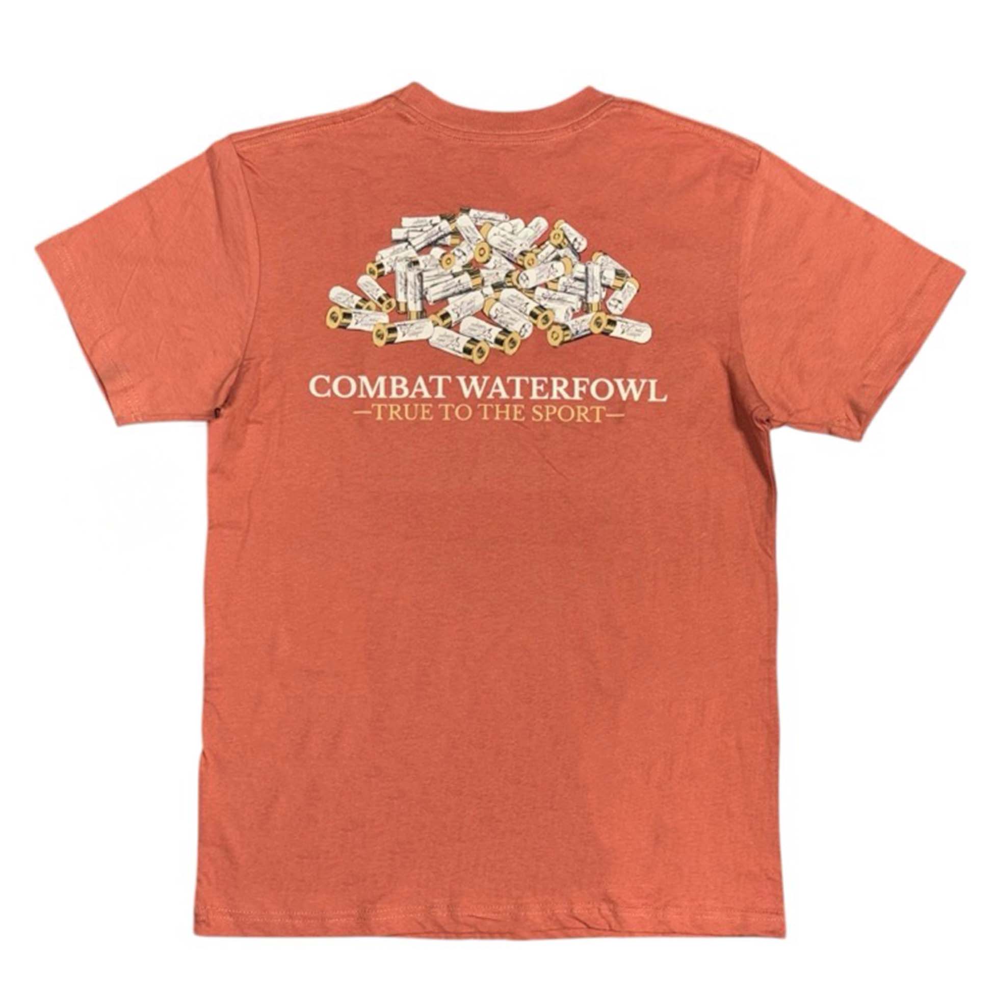 Rust orange Combat Waterfowl t-shirt with illustrated pile of shotgun shells and “True to the Sport” text on back.