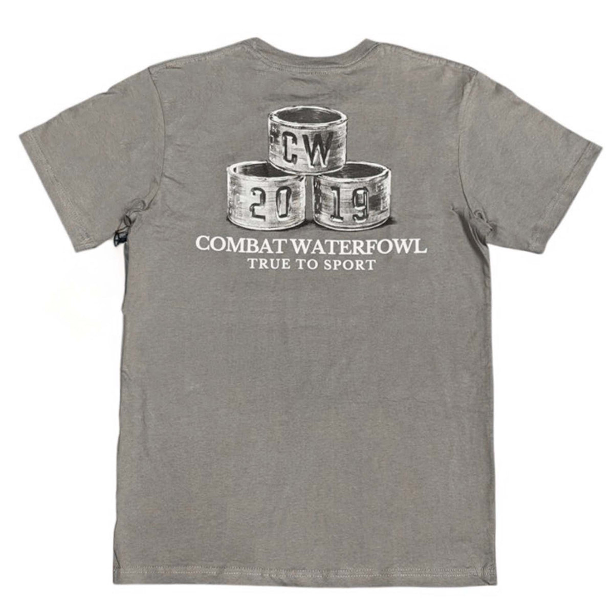Gray Combat Waterfowl t-shirt with three silver bird bands labeled “CW 2019” and “True to Sport” text below.
