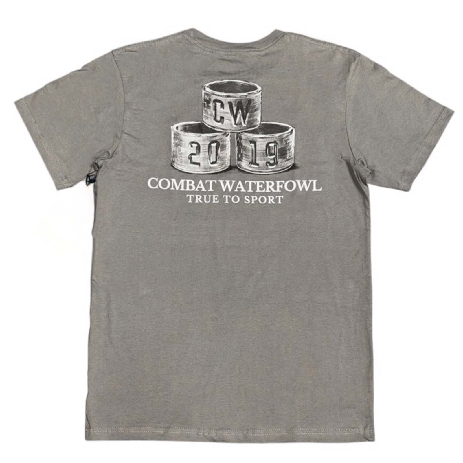 Gray Combat Waterfowl t-shirt with three silver bird bands labeled “CW 2019” and “True to Sport” text below.