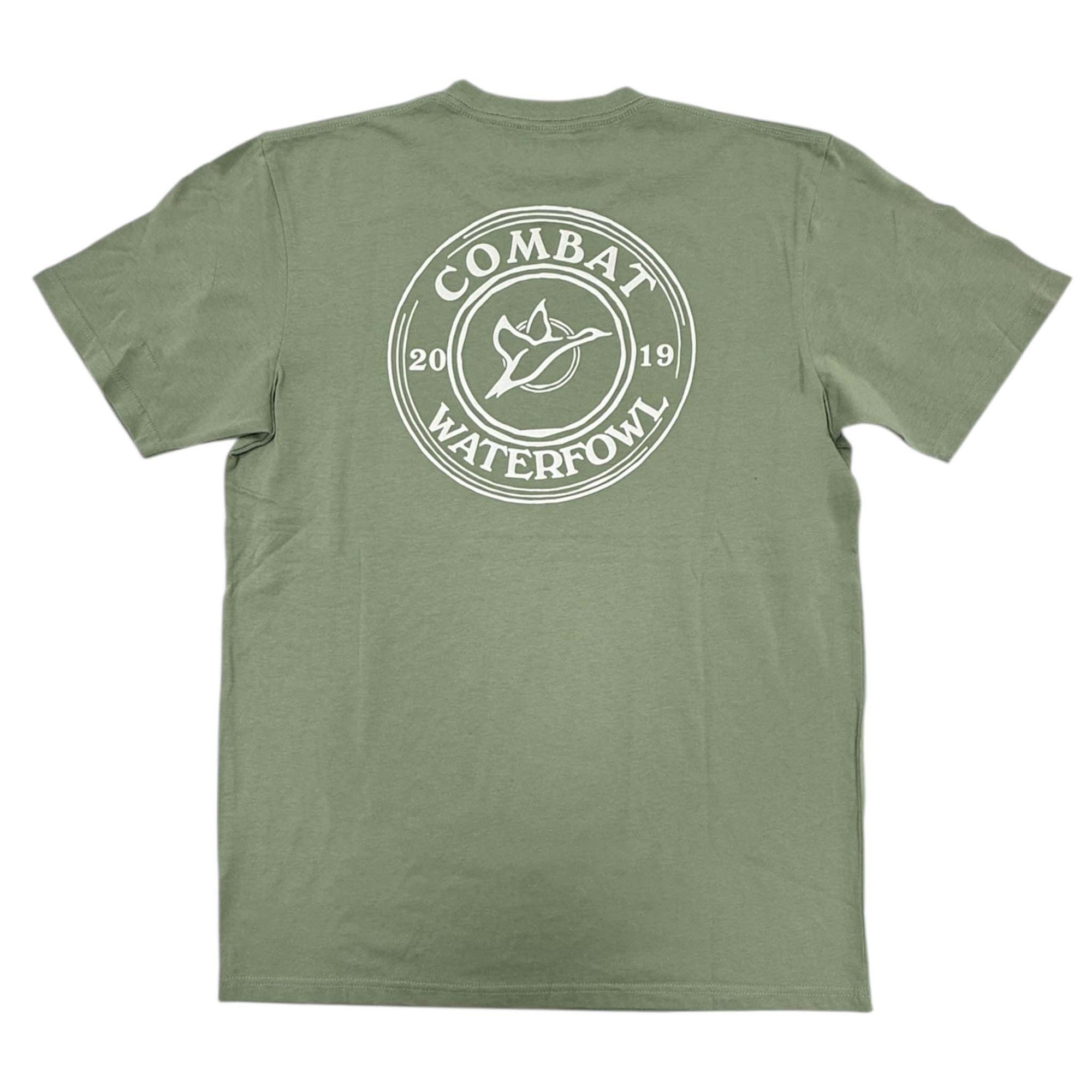 Green t-shirt with white logo on a white background