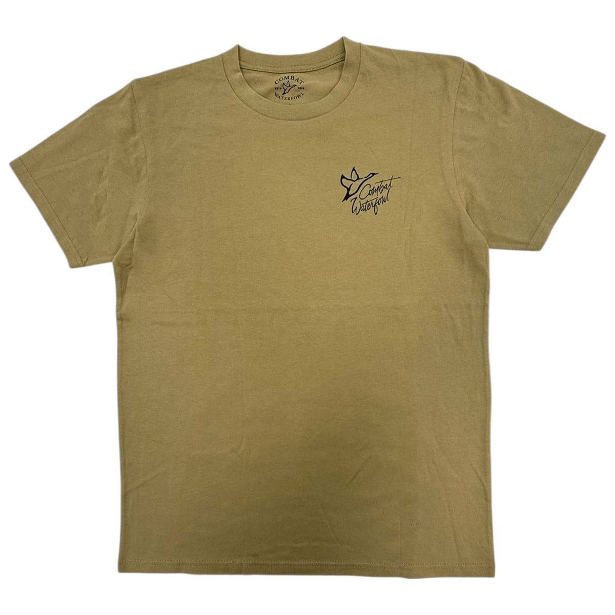 Khaki t-shirt with a logo on the chest against a white background