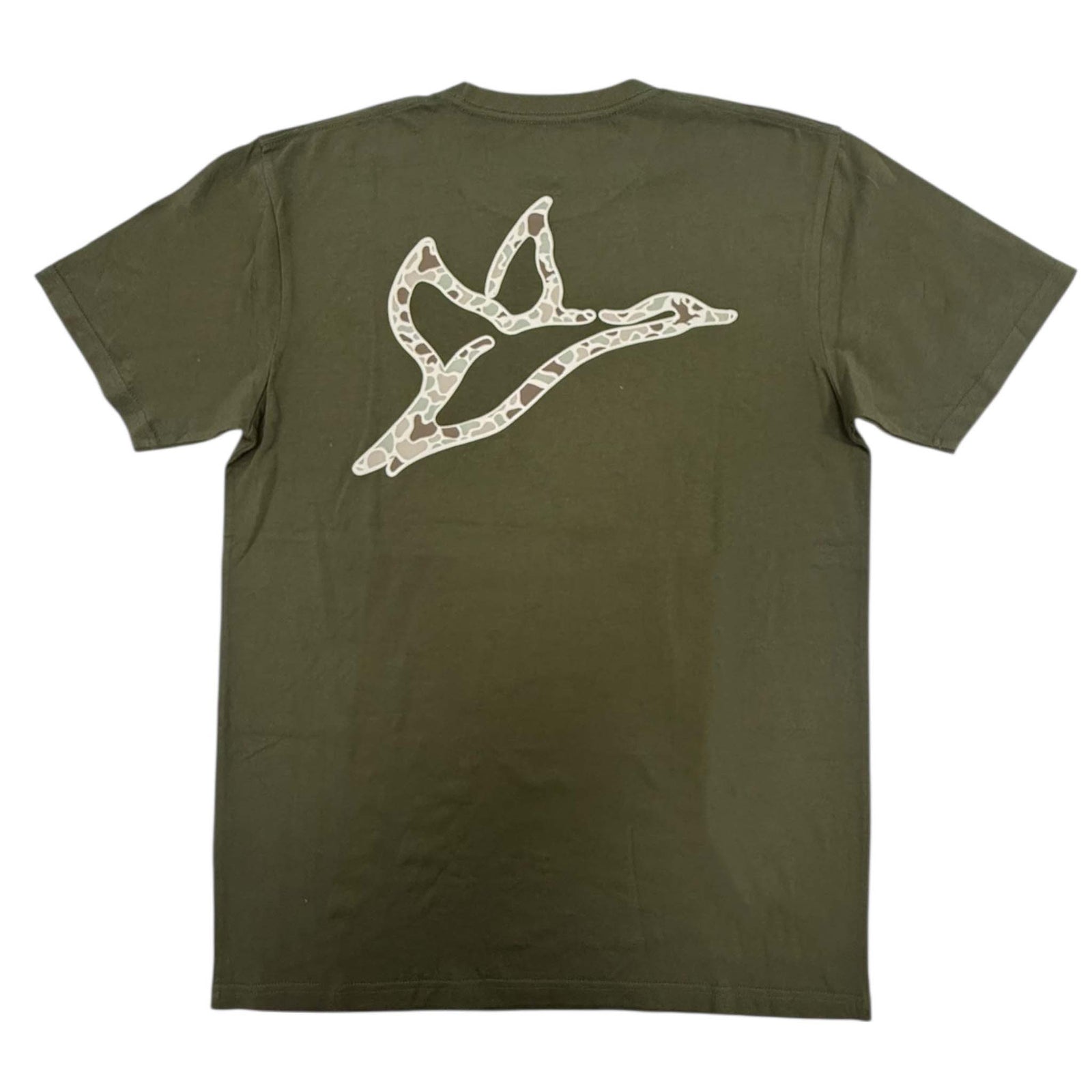 Green t-shirt with a camo bird design on the back against a white background