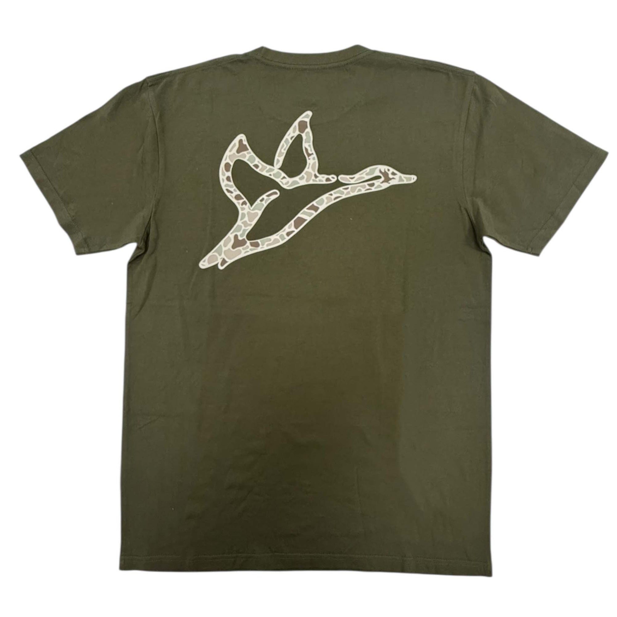 Green t-shirt with a camo bird design on the back against a white background