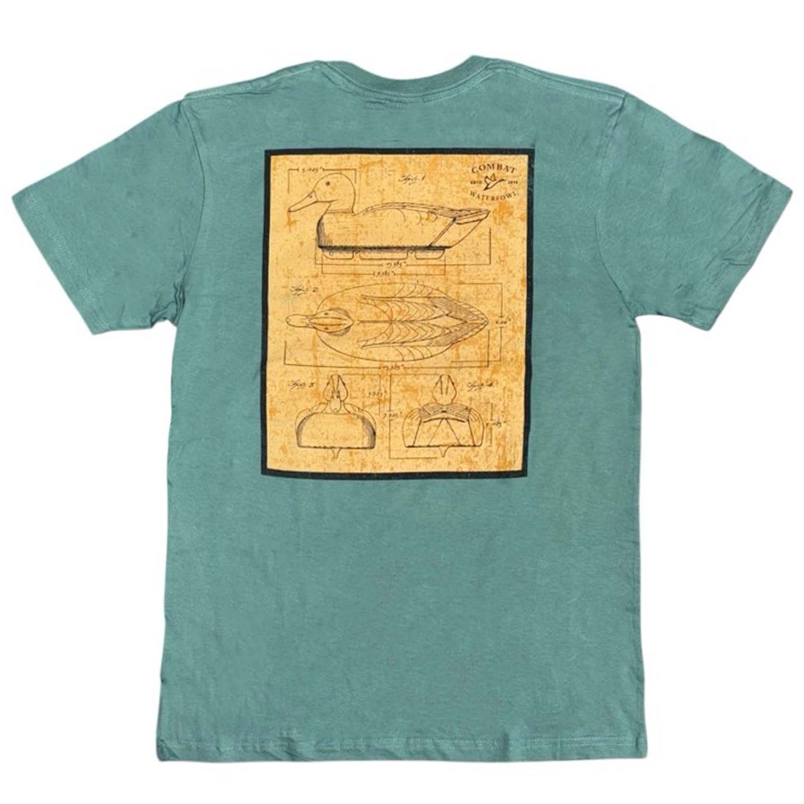 Seafoam green Combat Waterfowl t-shirt with a yellow patent-style duck decoy blueprint graphic on back and logo on front pocket.