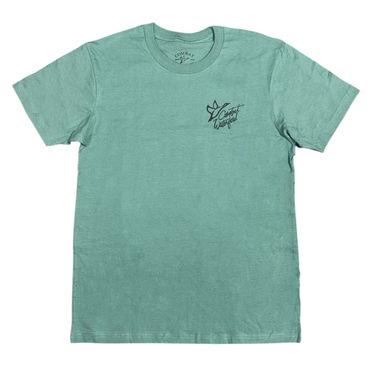 Seafoam green Combat Waterfowl t-shirt with a yellow patent-style duck decoy blueprint graphic on back and logo on front pocket.