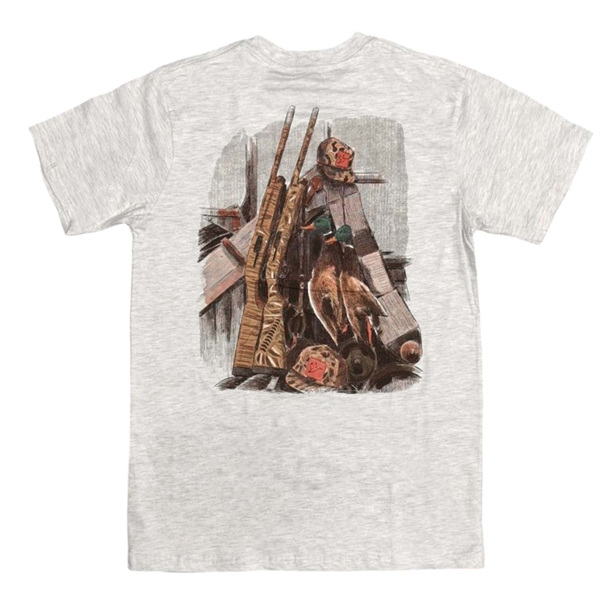 Heather gray Combat Waterfowl t-shirt with illustrated hunting gear graphic on back showing guns, caps, and ducks, logo on front pocket.