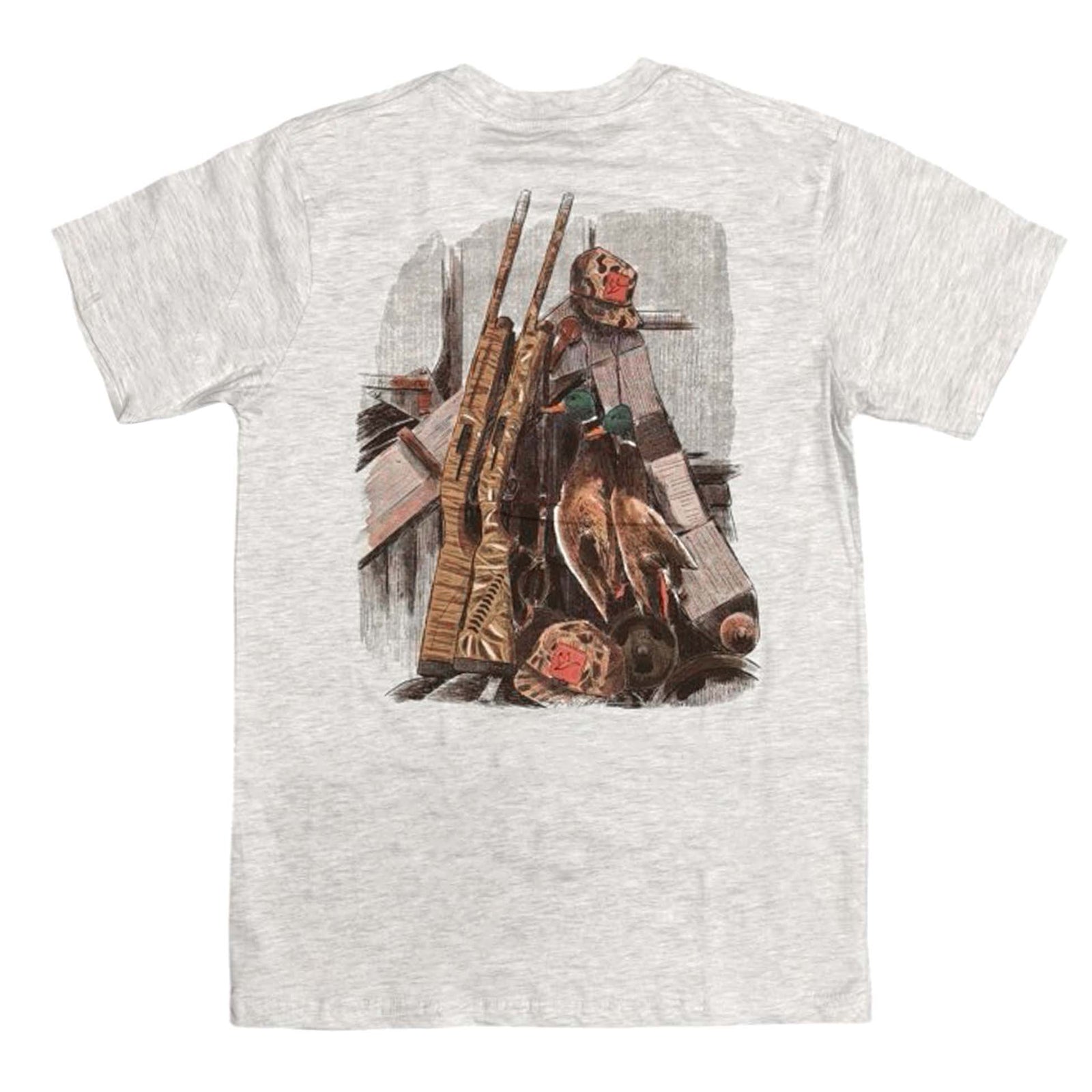 Heather gray Combat Waterfowl t-shirt with illustrated hunting gear graphic on back showing guns, caps, and ducks, logo on front pocket.