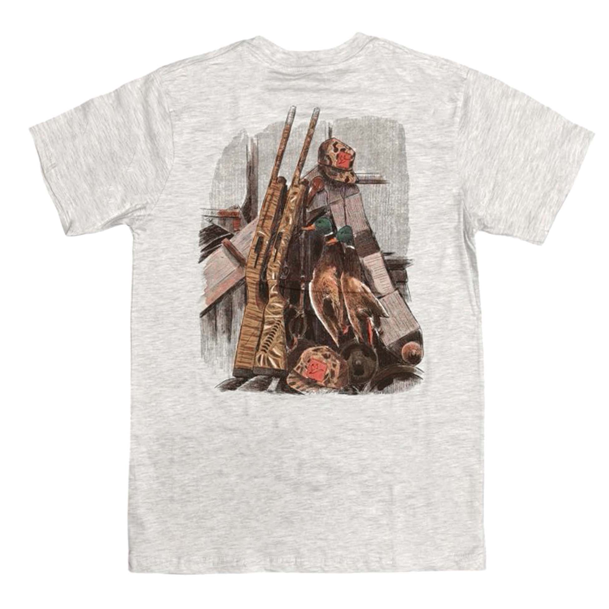 Heather gray Combat Waterfowl t-shirt with illustrated hunting gear graphic on back showing guns, caps, and ducks, logo on front pocket.