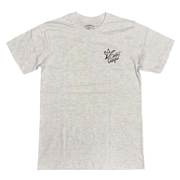 Heather gray Combat Waterfowl t-shirt with illustrated hunting gear graphic on back showing guns, caps, and ducks, logo on front pocket.