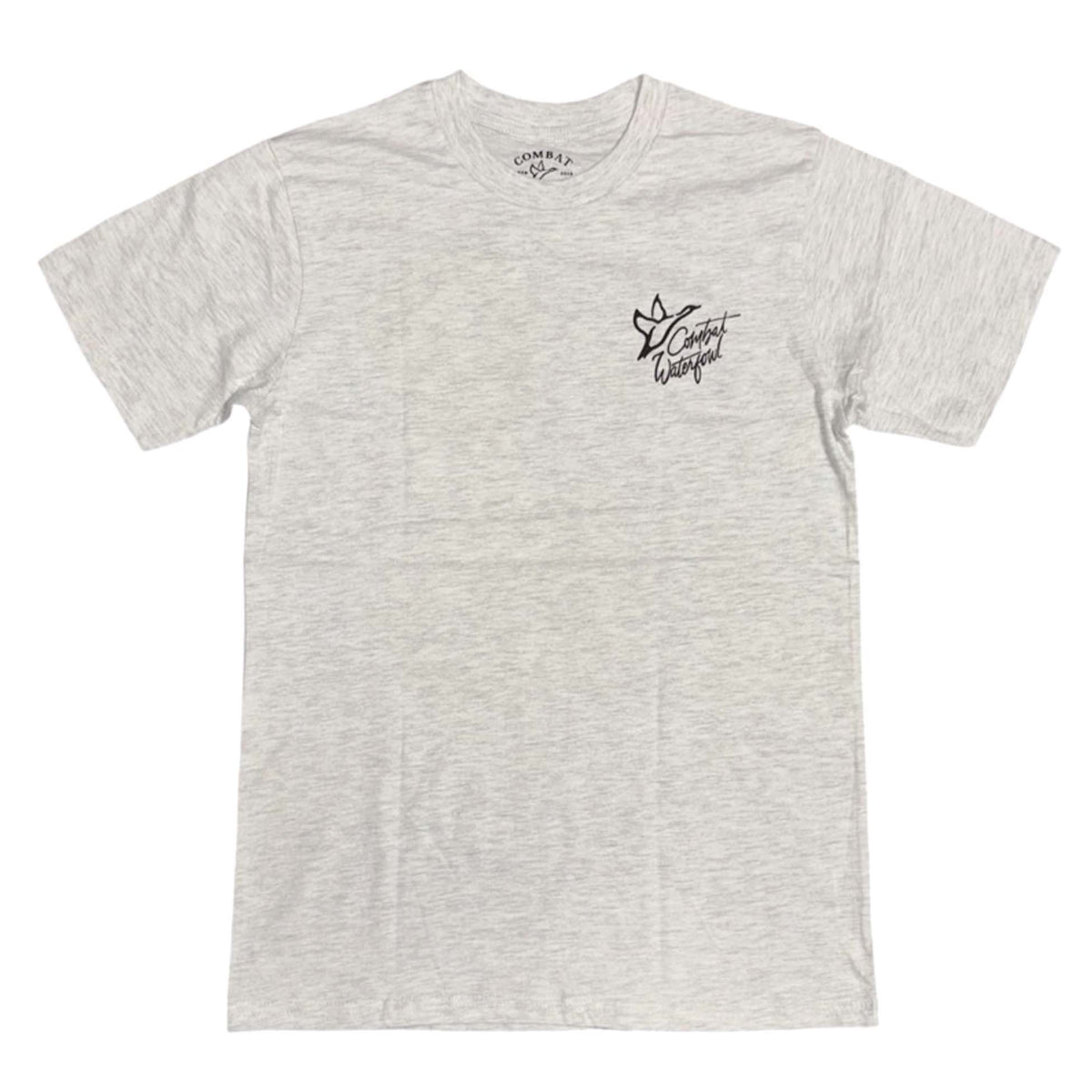 Heather gray Combat Waterfowl t-shirt with illustrated hunting gear graphic on back showing guns, caps, and ducks, logo on front pocket.