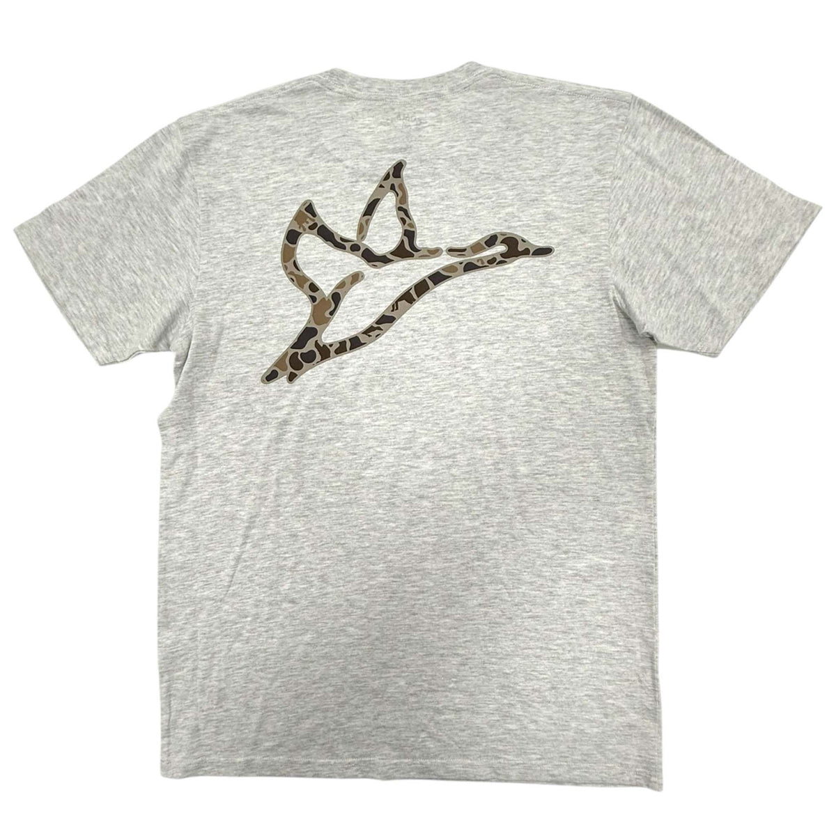 Gray t-shirt with a camouflage bird design on the back against a white background