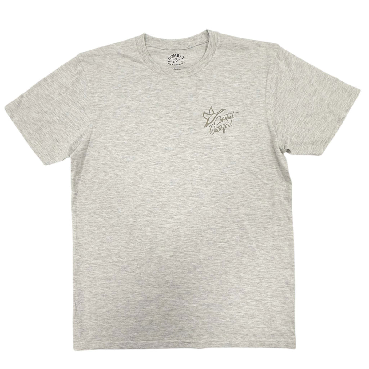 Gray t-shirt with a small logo on a white background