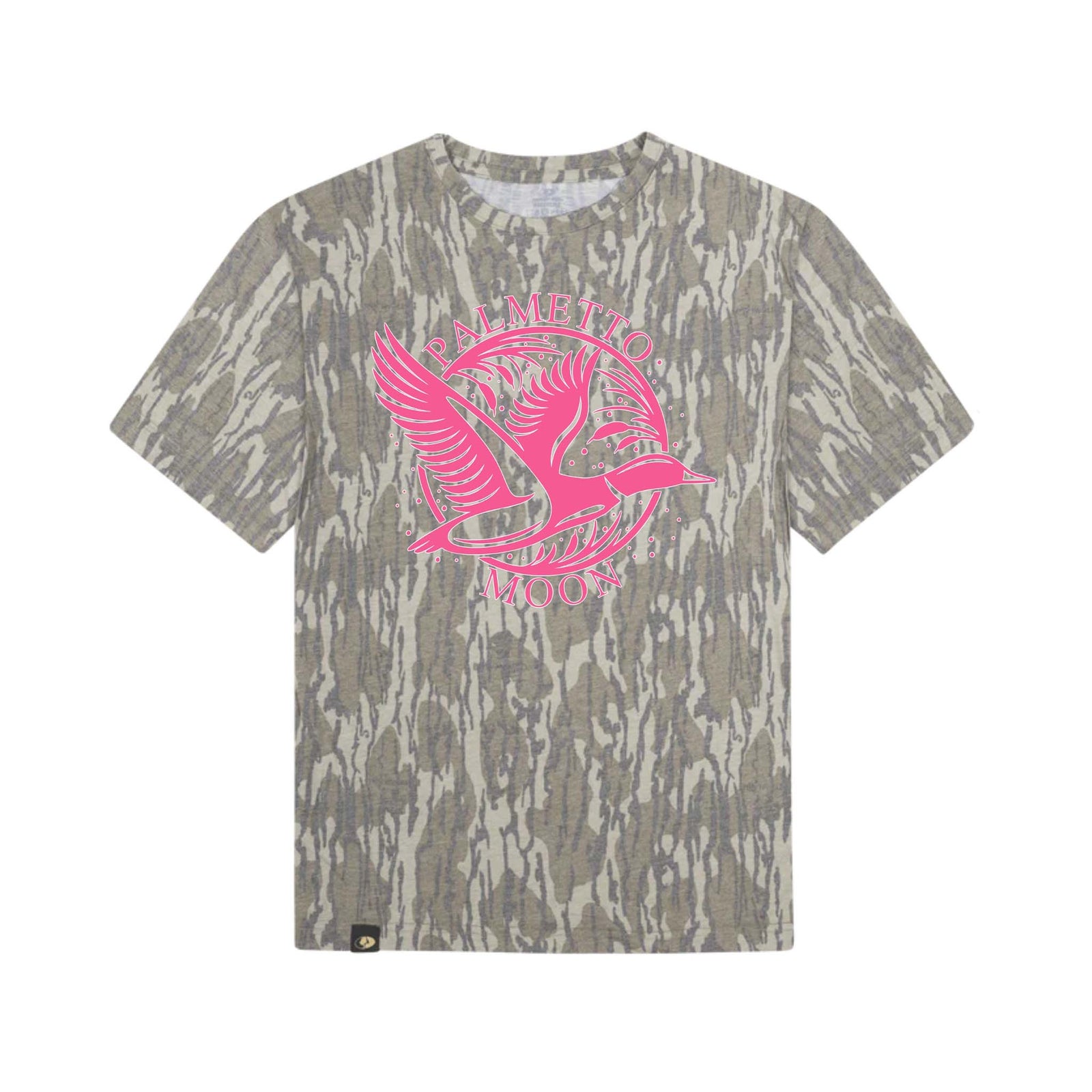 dash forward Youth Camo Pink Duck Short Sleeve T-Shirt with hot pink duck logo on front