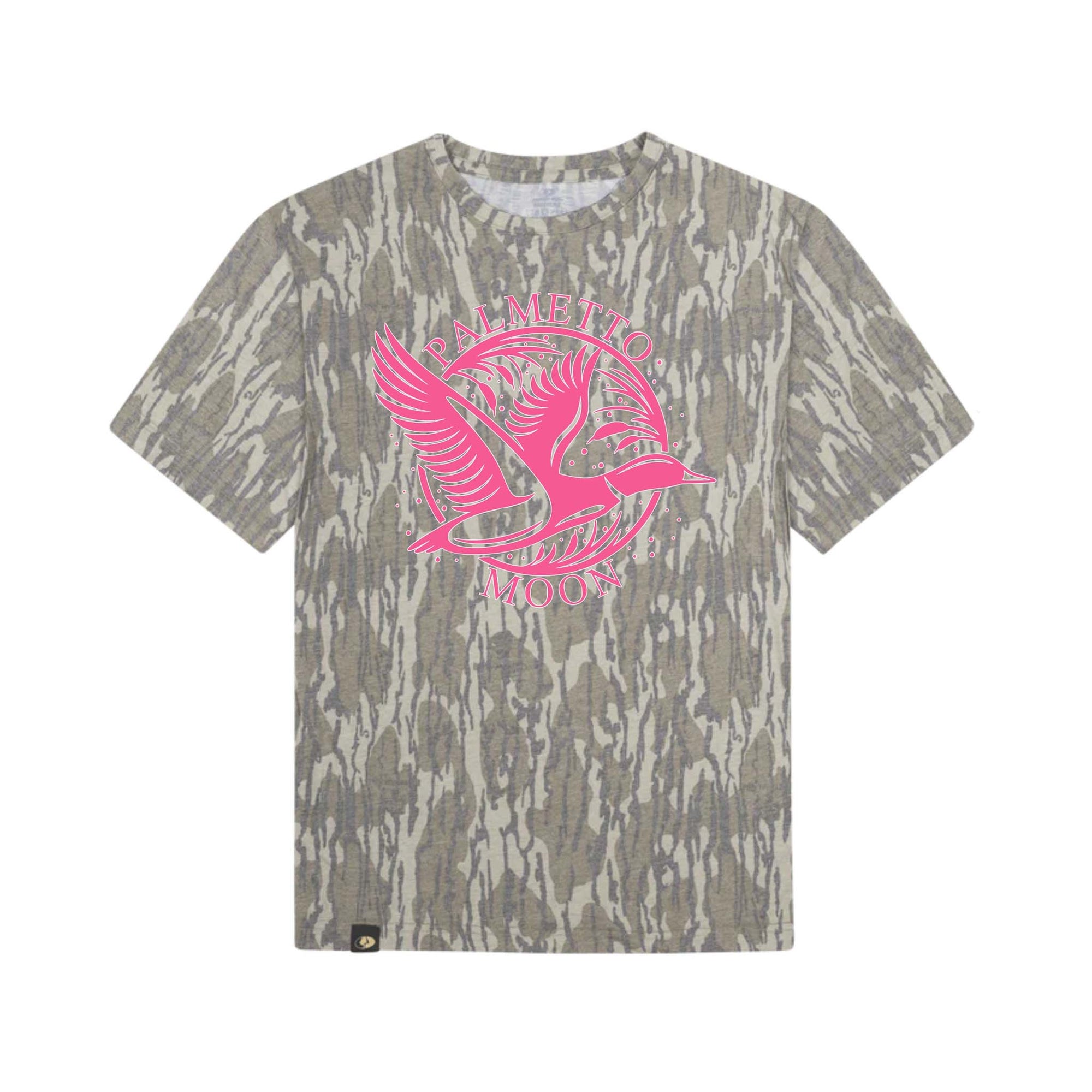 dash forward Youth Camo Pink Duck Short Sleeve T-Shirt with hot pink duck logo on front