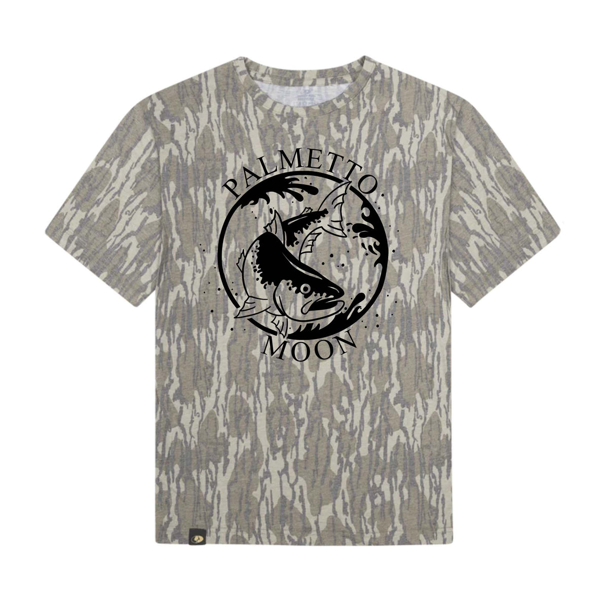 Youth Dash Forward Palmetto Moon Camo T-Shirt featuring an allover gray tree-bark camo print with a large black graphic of a jumping fish inside a circular logo on the front.