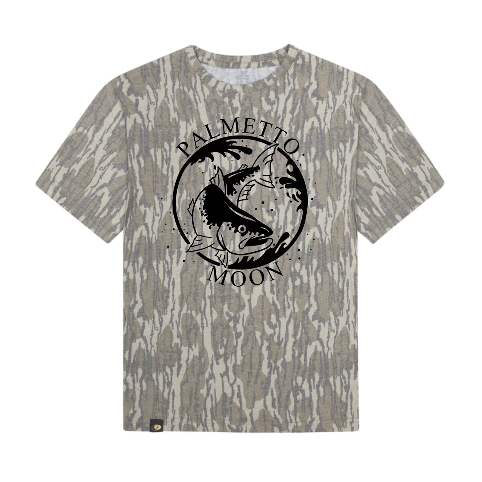 Youth Dash Forward Palmetto Moon Camo T-Shirt featuring an allover gray tree-bark camo print with a large black graphic of a jumping fish inside a circular logo on the front.