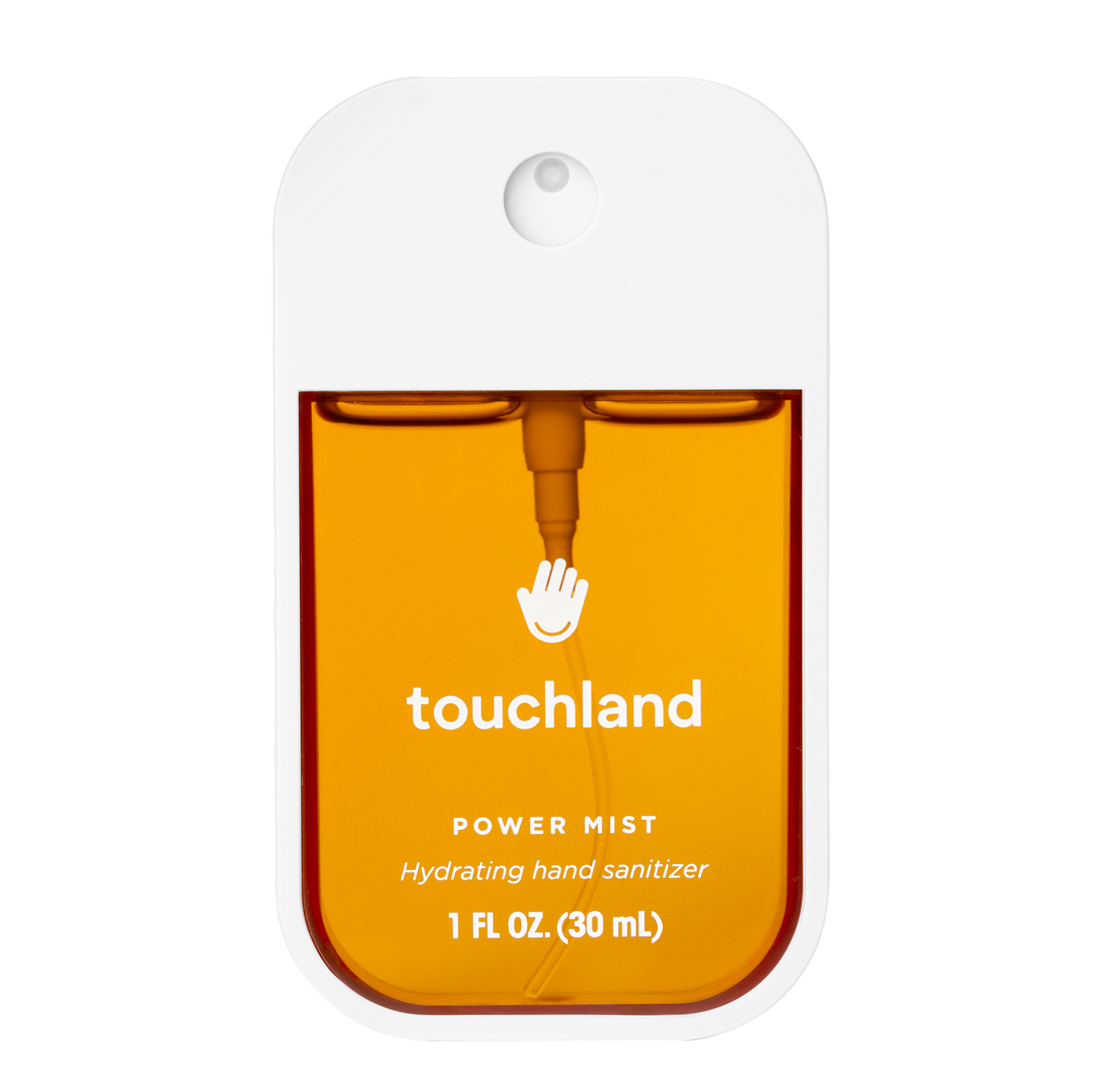 Orange hand sanitizer bottle with 'touchland' branding on a white background