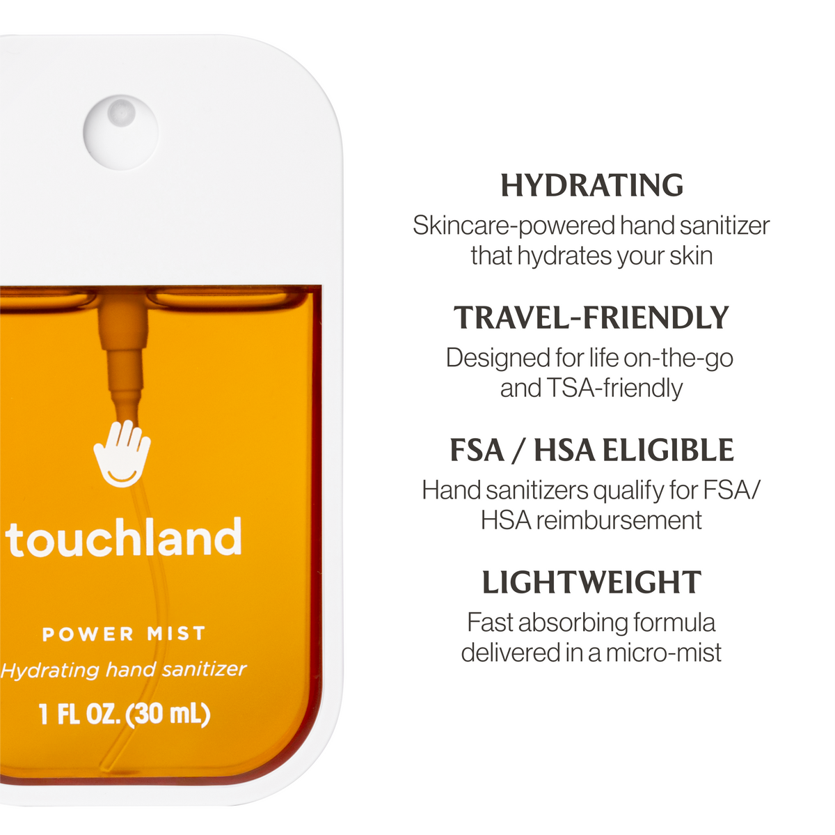 Touchland hand sanitizer packaging with features listed on a white background