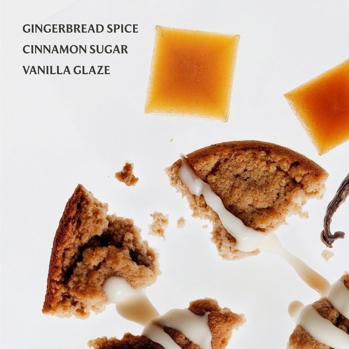 Gingerbread cake with cinnamon sugar and vanilla glaze on a white background