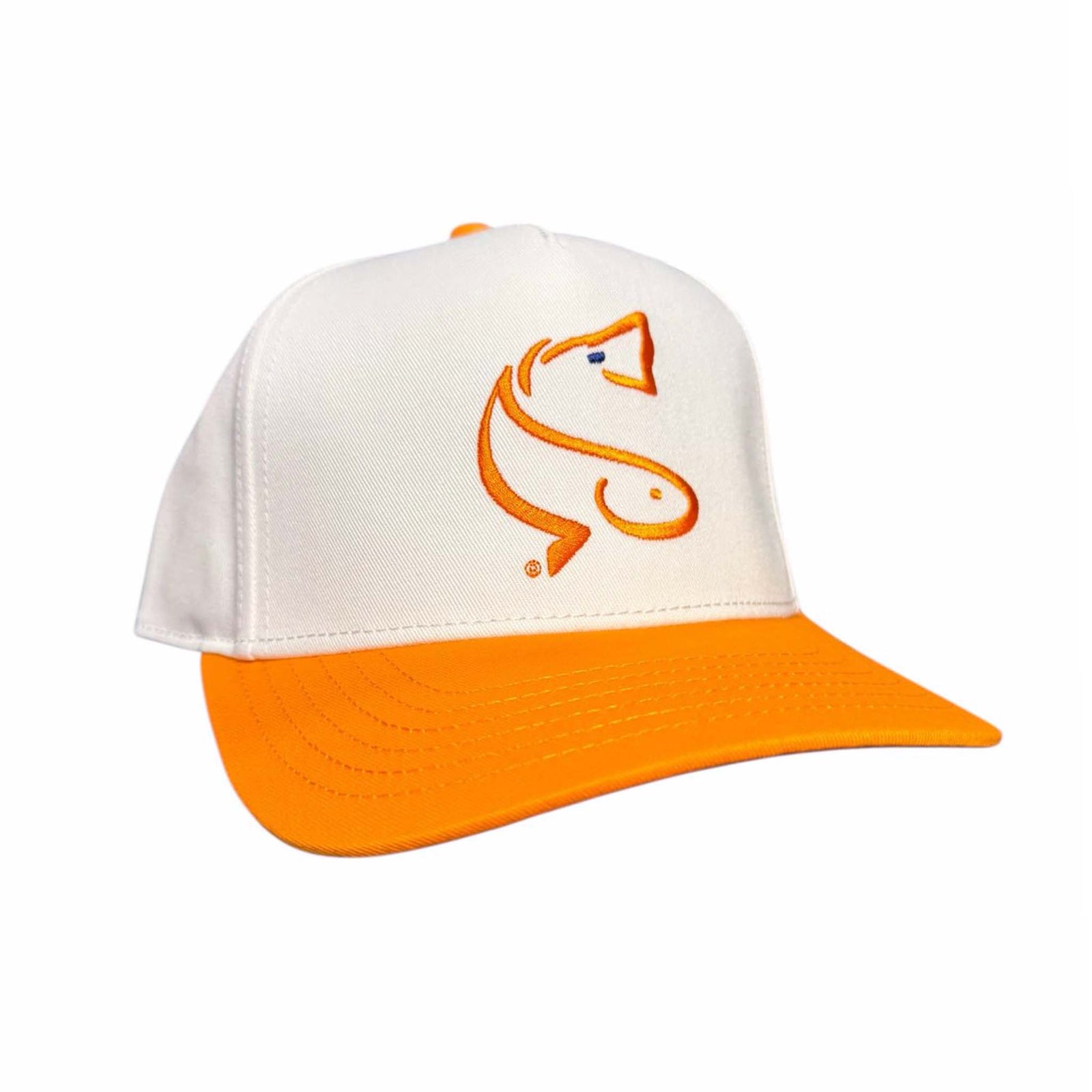 White and orange cap with a fish logo on a white background