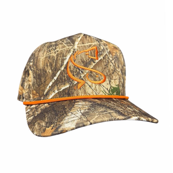 Camouflage cap with orange accents on a white background