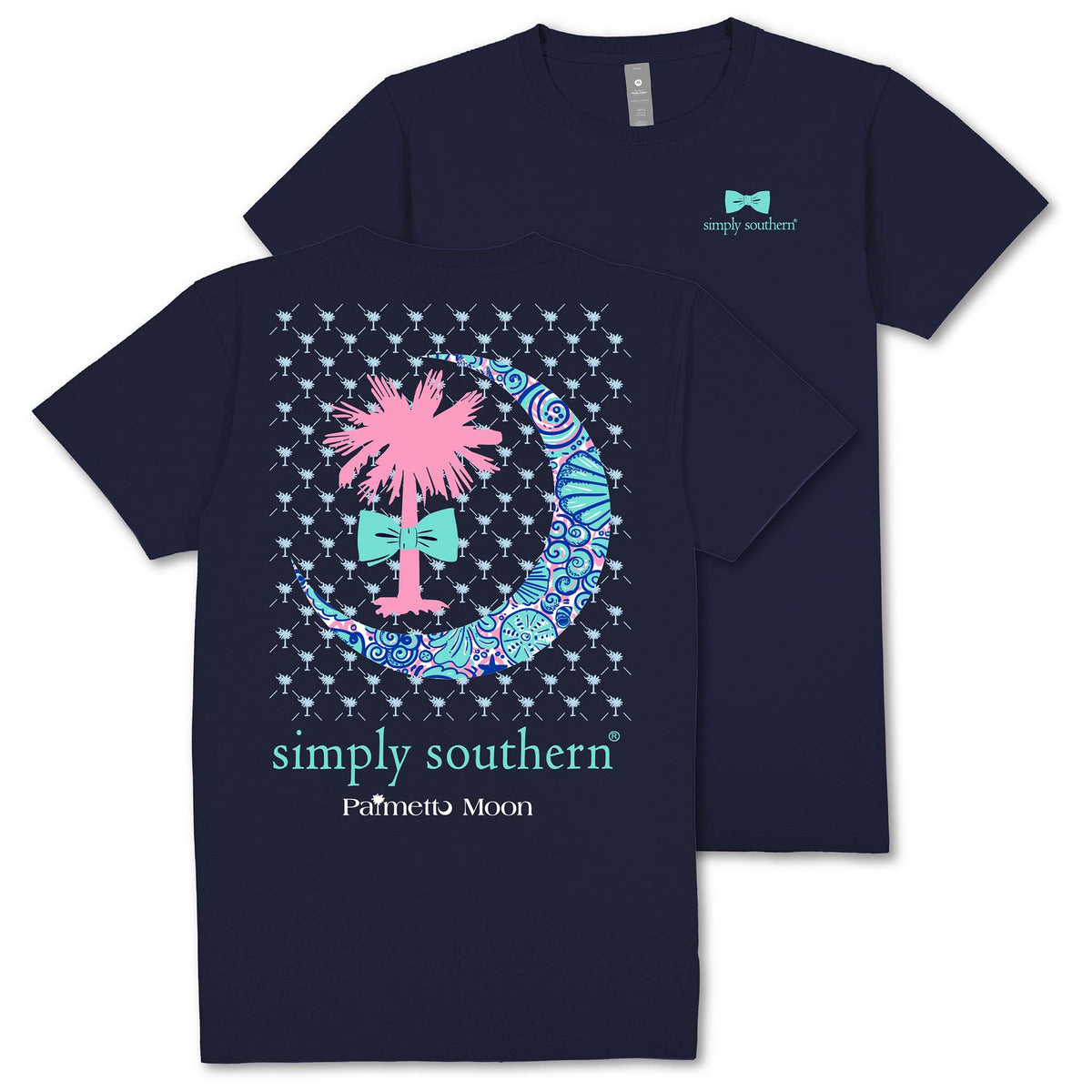 Navy short sleeve t-shirt with a pink Palmetto tree, aqua bow, and paisley crescent moon graphic; back includes “simply southern®” and “Palmetto Moon” text.