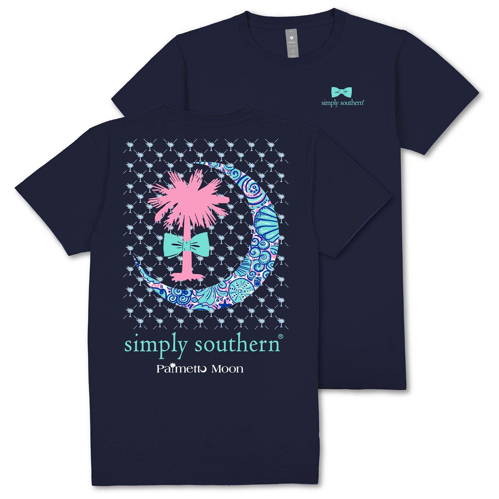 Navy short sleeve t-shirt with a pink Palmetto tree, aqua bow, and paisley crescent moon graphic; back includes “simply southern®” and “Palmetto Moon” text.