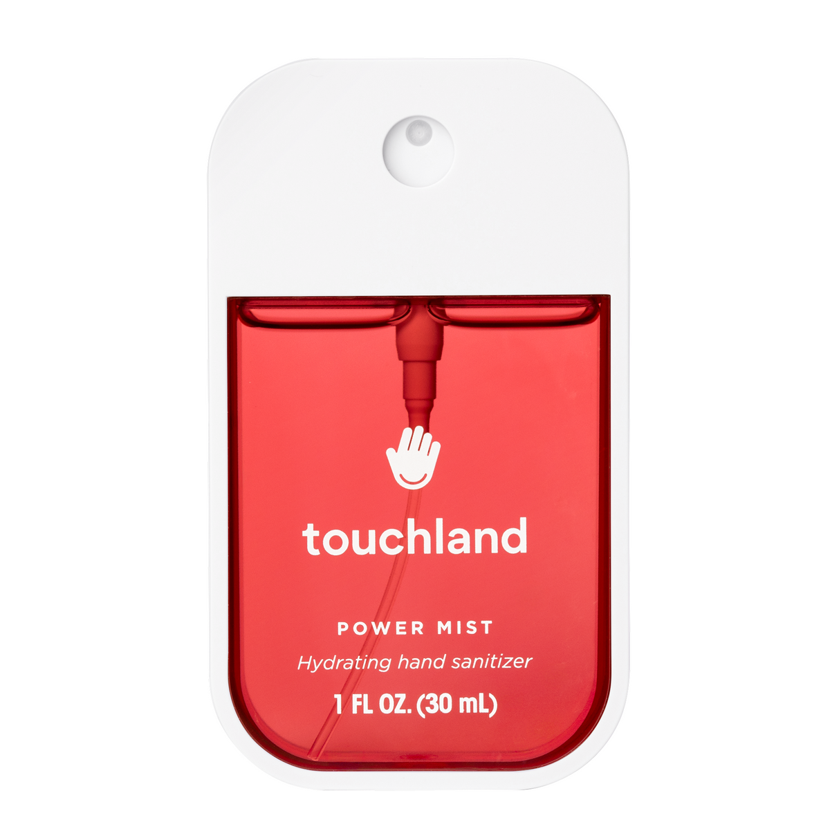 Red power mist sanitizer with 'touchland' branding on a white background