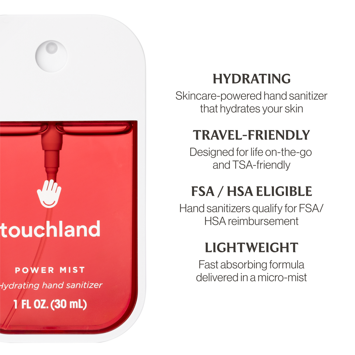 Touchland hand sanitizer packaging with product details on a white background