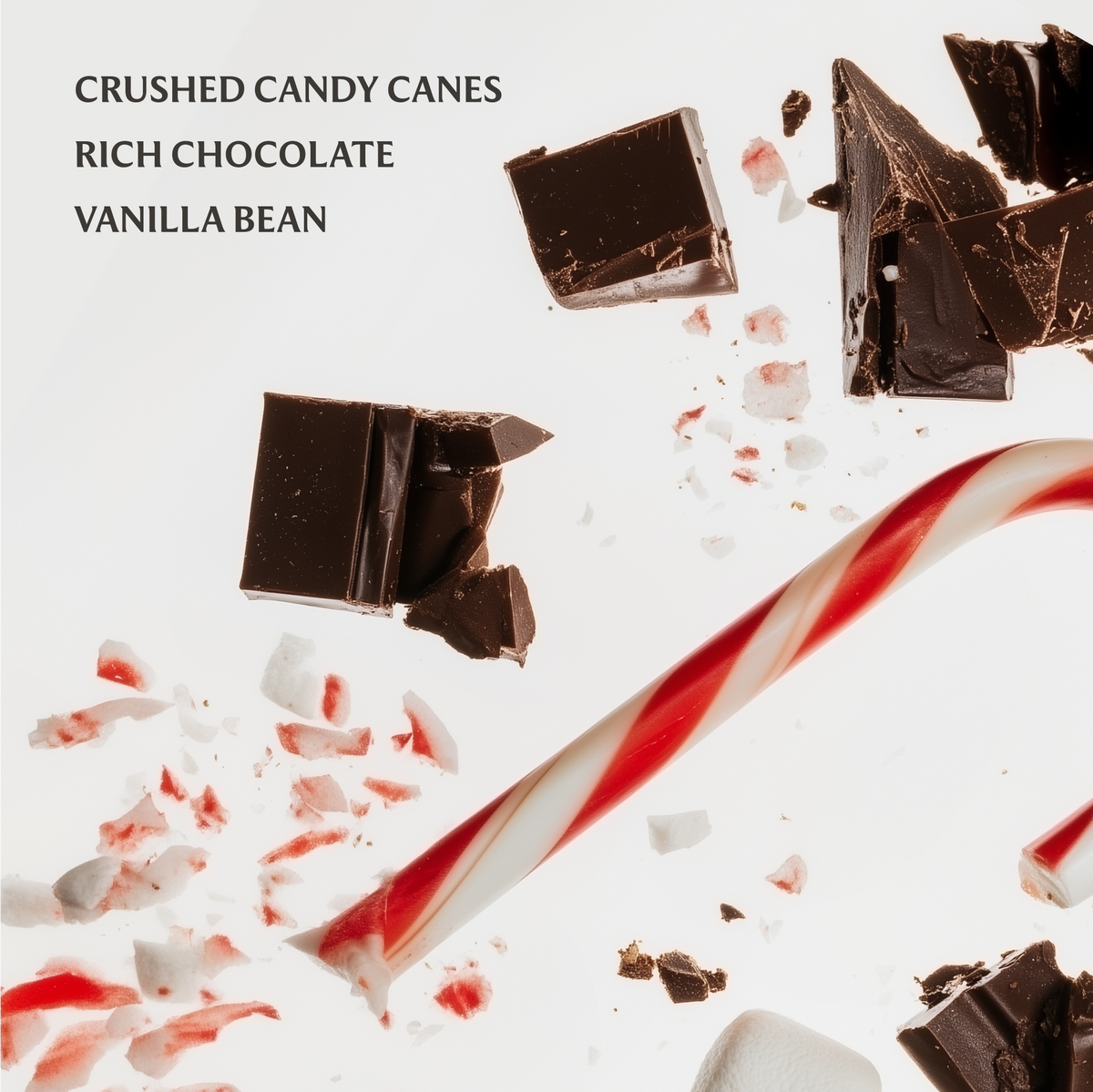 Chocolate pieces and crushed candy canes on a white background with text indicating flavor profile.