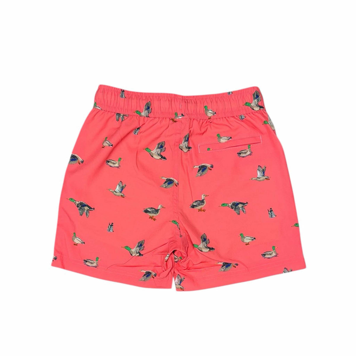 Coral shorts with duck pattern on a white background