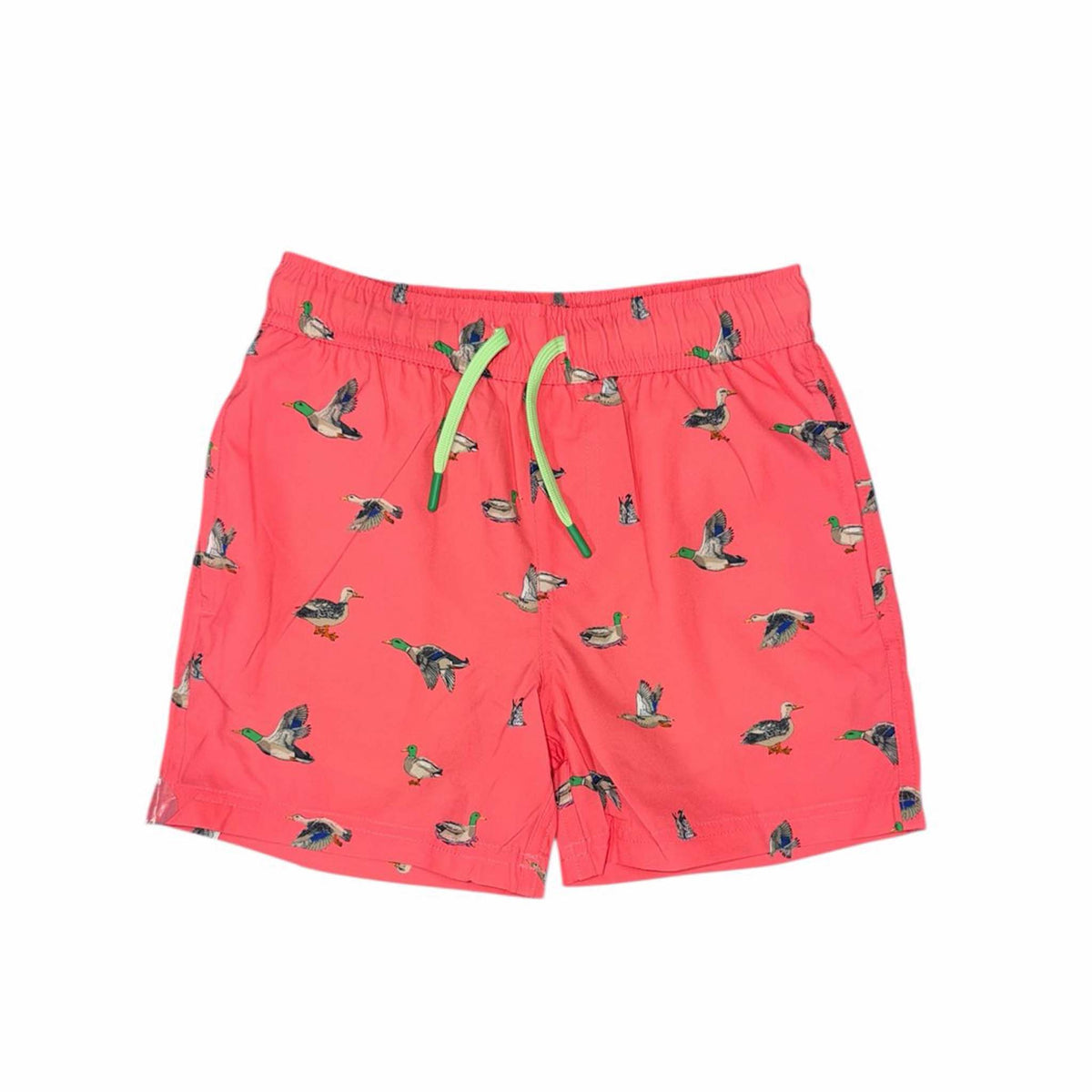 Coral youth swim shorts with duck print, front view featuring elastic waistband and drawstring.