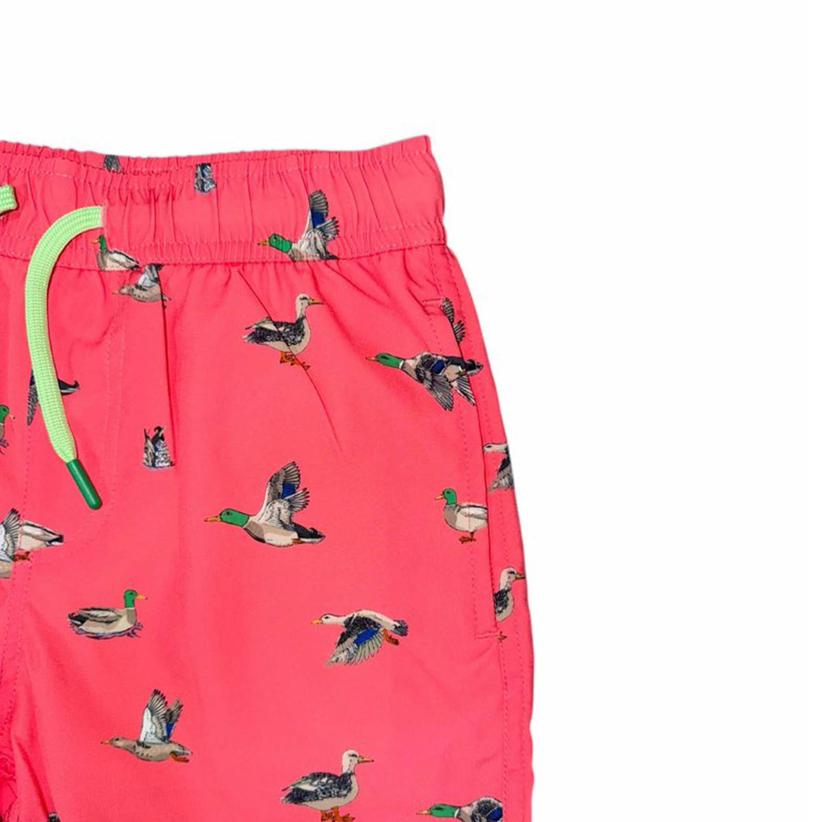 Coral swim shorts with duck pattern on a white background