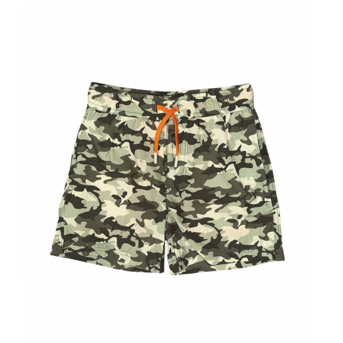 Green camo youth swim shorts with orange drawstring, front view showing elastic waistband and side pockets.
