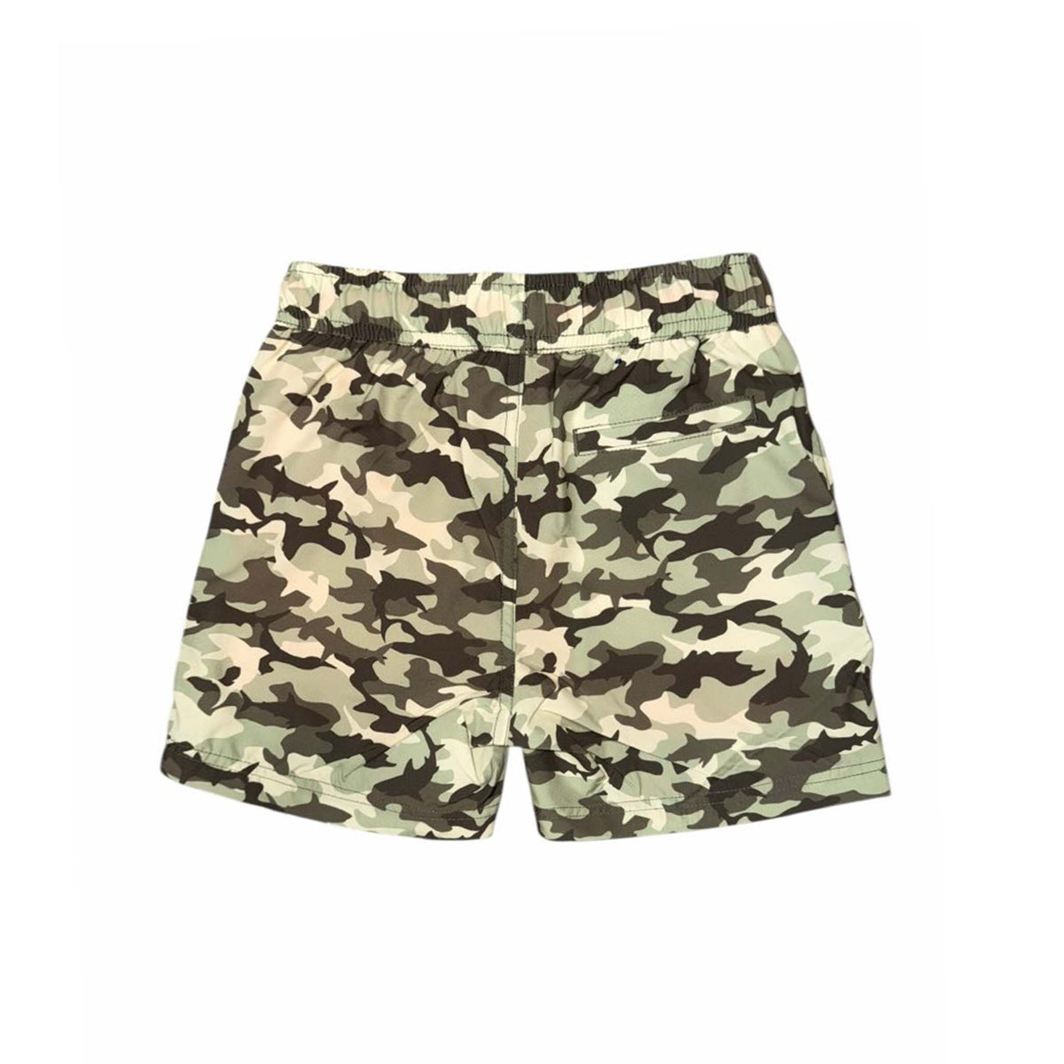 Green camo youth swim shorts with orange drawstring, back view showing elastic waistband and back pocket.