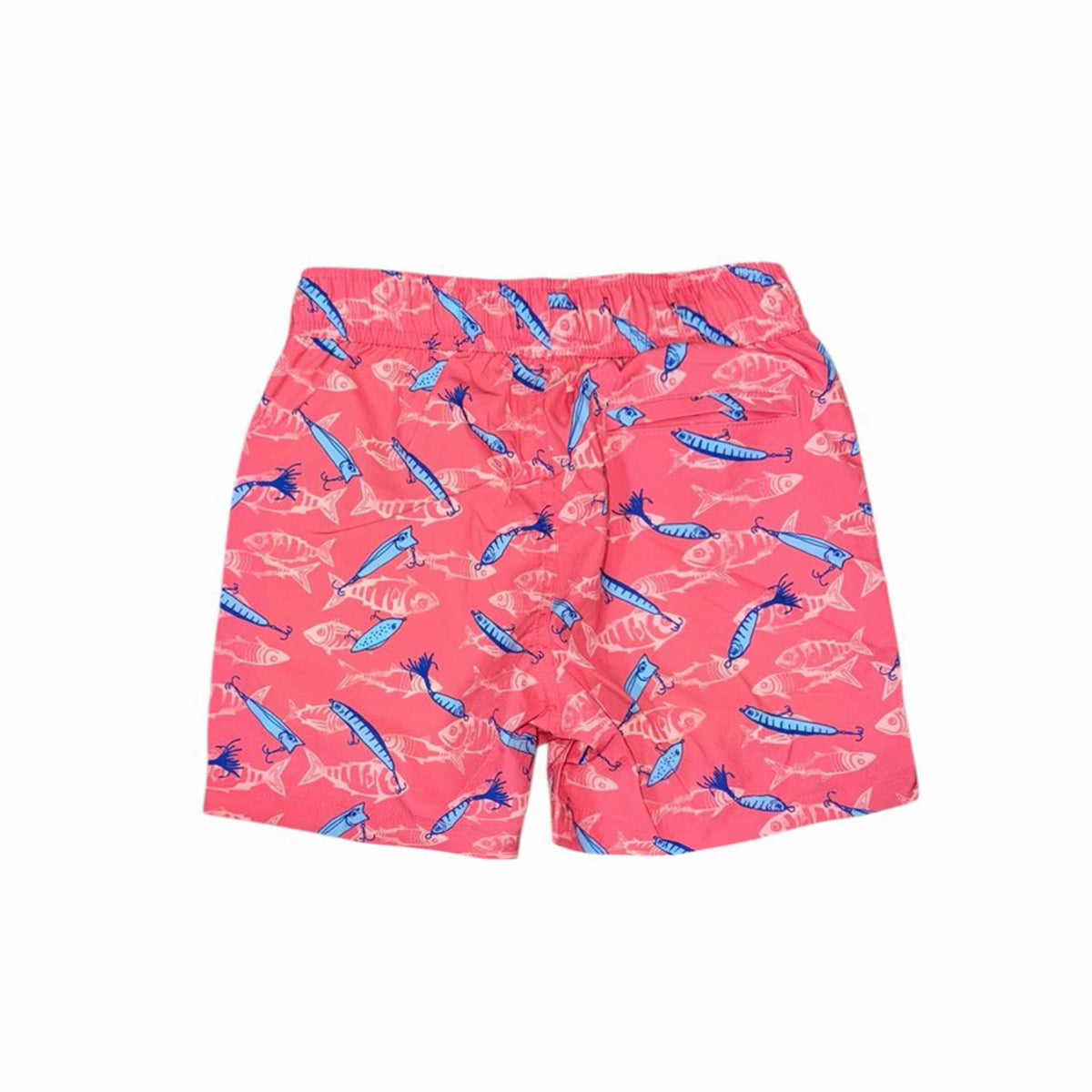 Back view of youth coral swim trunks with fish and hook pattern.