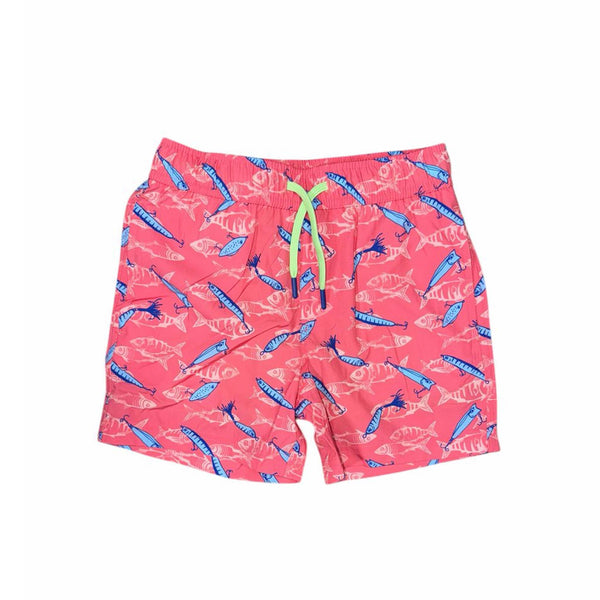 Coral youth swim shorts with fish and fishing lure print, front view showing drawstring waistband and pockets.