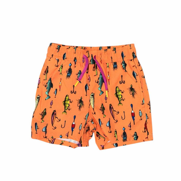 Orange youth swim shorts with fishing lure print, front view showing drawstring waistband and overall design.