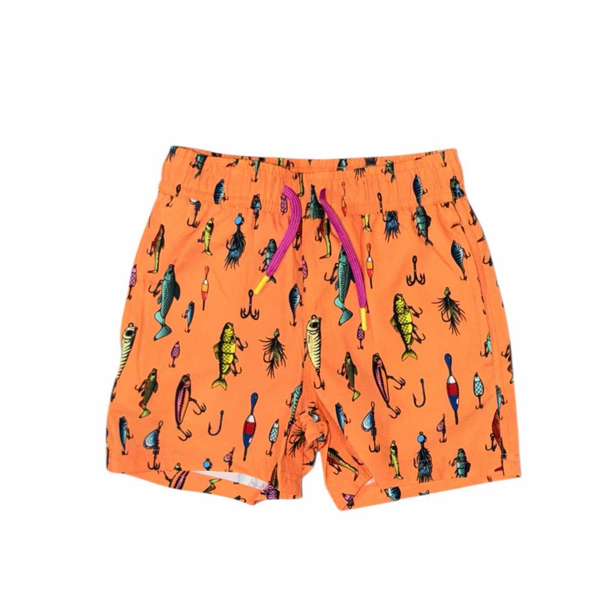 Orange youth swim shorts with fishing lure print, front view showing drawstring waistband and overall design.