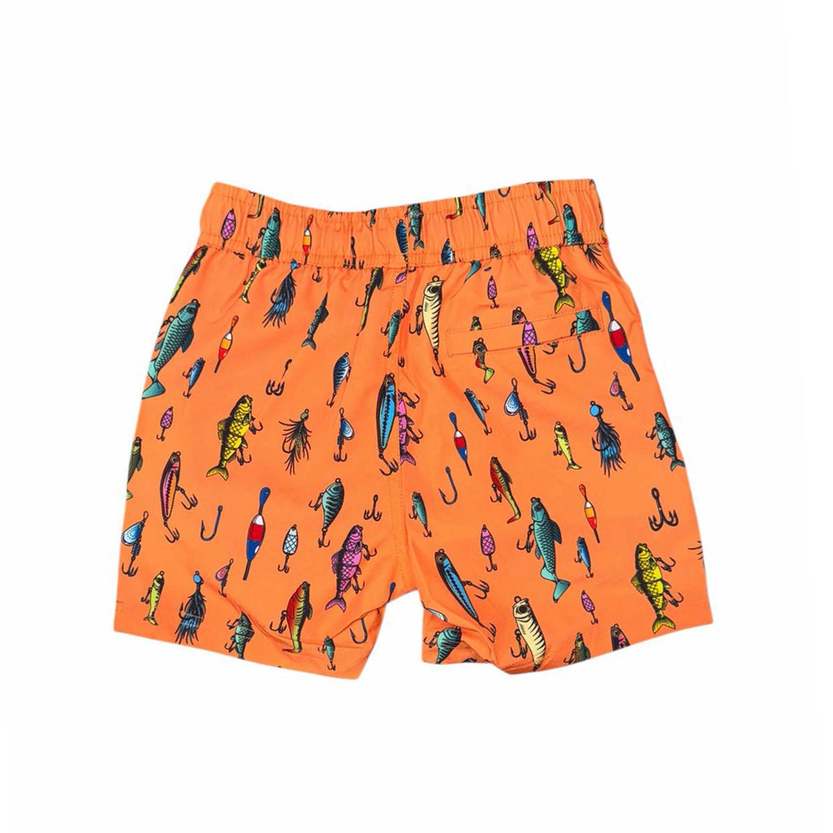 Orange youth swim shorts with fishing lure print, back view showing elastic waistband and back pocket detail.