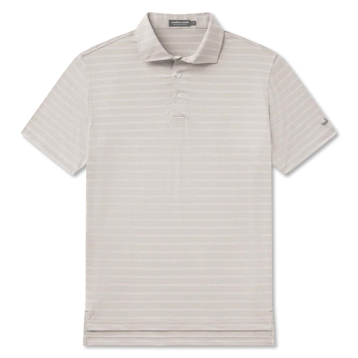 Light gray striped polo shirt on a white background