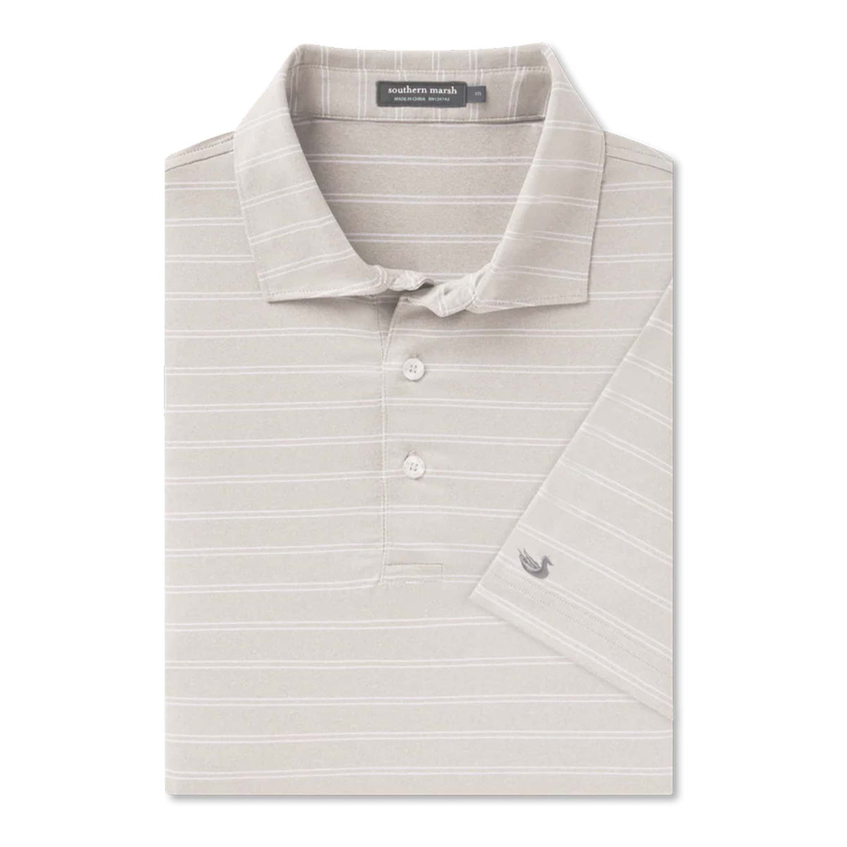 Folded gray striped polo shirt with a brand label on a white background