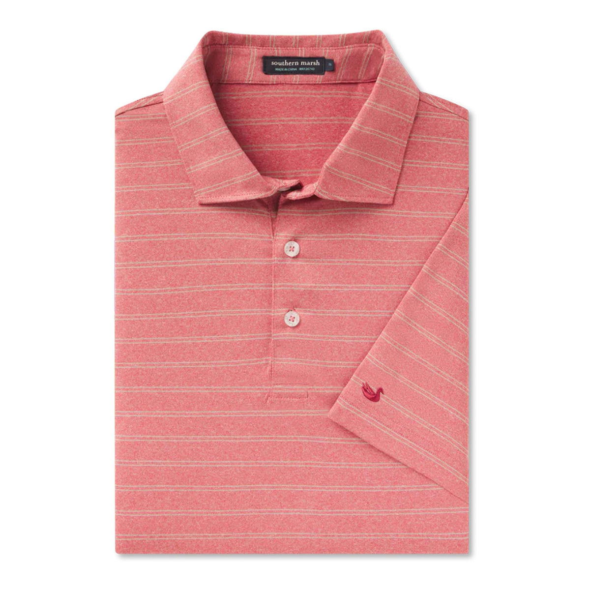 Red striped polo shirt with a brand logo on a white background