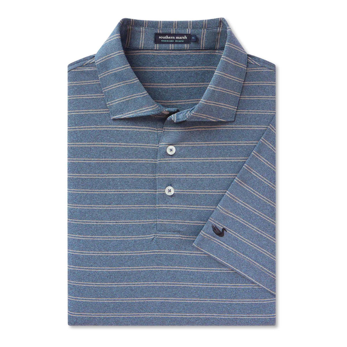 Folded blue striped polo shirt with a brand label on a white background