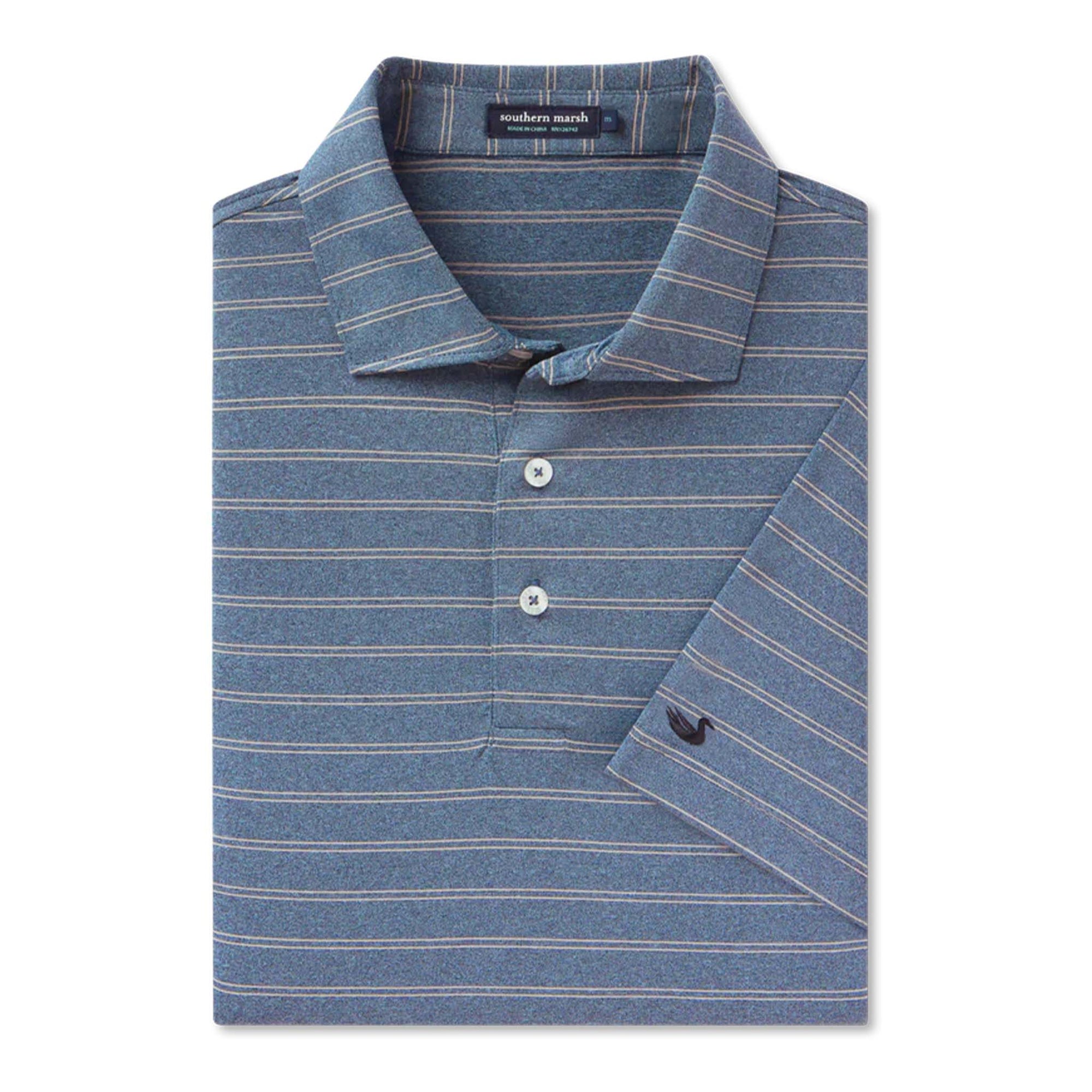 Folded blue striped polo shirt with a brand label on a white background